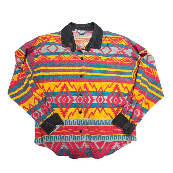 Gotcha Covered Tops - Gotcha Covered Vintage 90s Southwest Aztec Shirt Red‎ Yellow Gray Medium